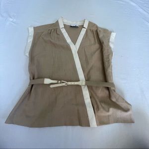 Vintage Leslie Fay tan sleeveless blouse with white trim and matching belt